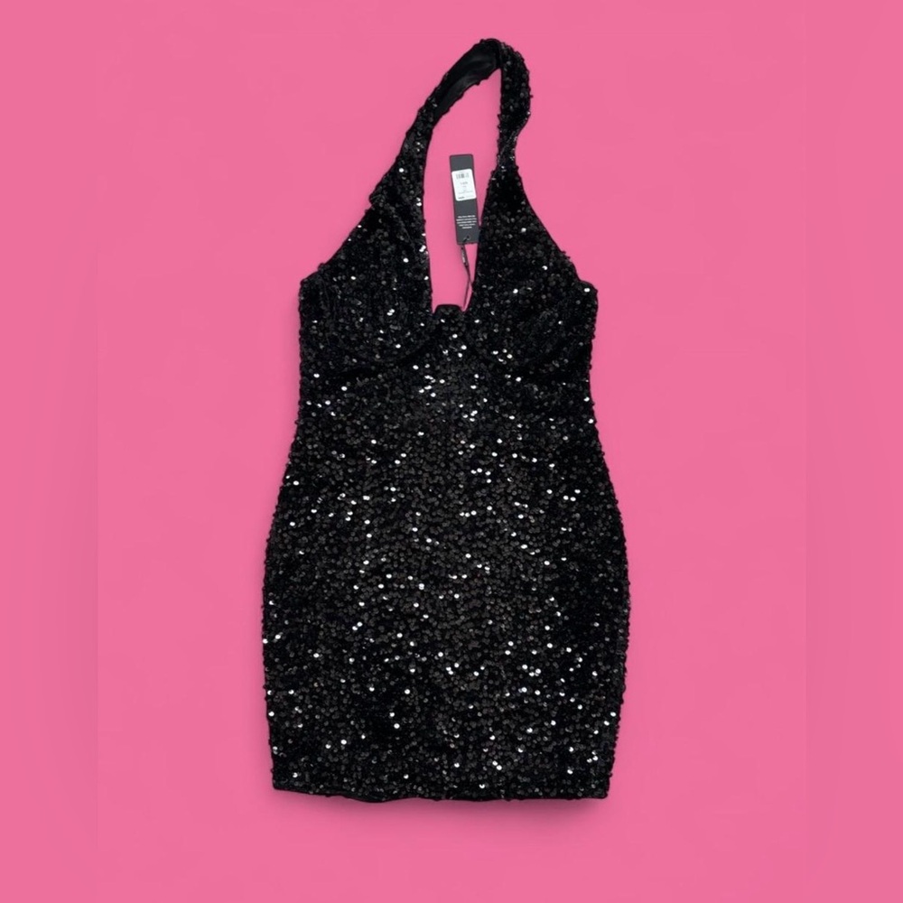 Black Sequin Halter Dress